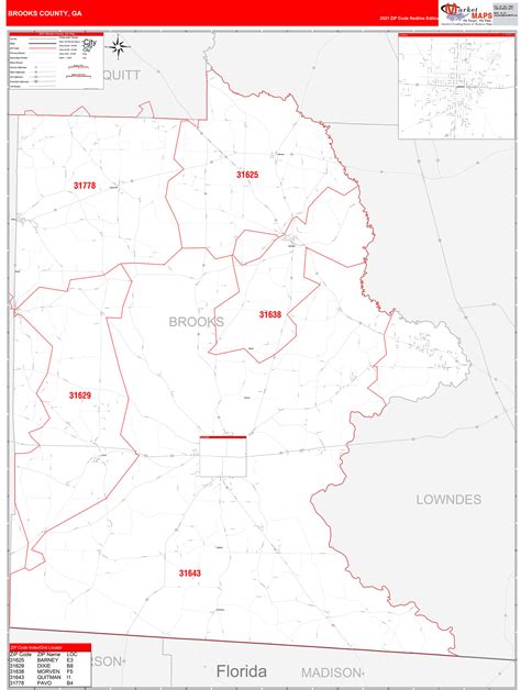 Brooks County Ga Zip Code Wall Map Red Line Style By Marketmaps