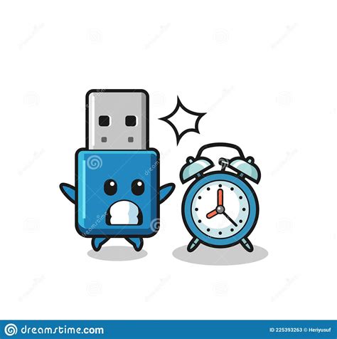 Cartoon Illustration Of Flash Drive Usb Is Surprised With A Giant Alarm