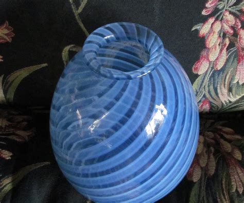 Art Glass Vase Cased Glass Blown Blue Swirl C1980s From