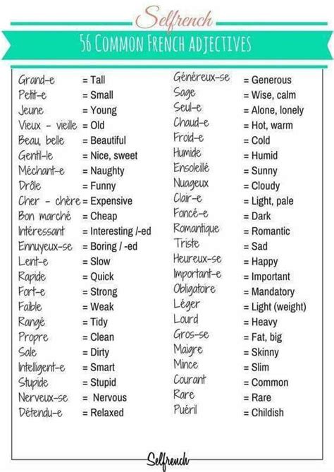 Pin By Rukaiyat On French French Adjectives Learn French Free Learn