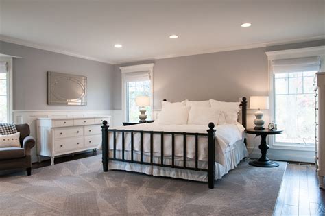 To accentuate the flooring, the designer put a unique cowhide rug under the. Modern White and Light Gray Master Bedroom - Modern ...
