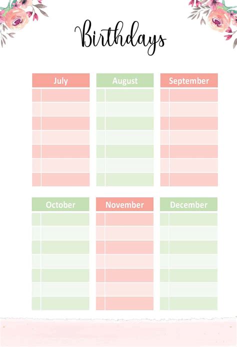 free birthday calendar template printable customizable