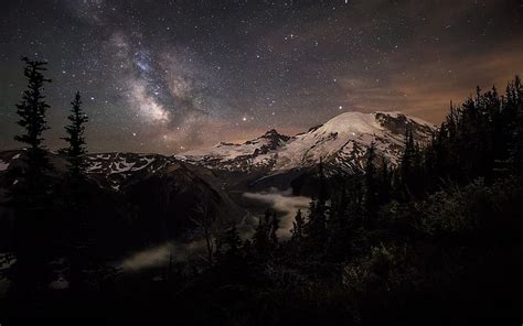 Hd Wallpaper Mountains Galaxy Snowy Peak Landscape Starry Night