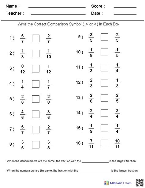 Comparing Fractions With Common Denominators Worksheet
