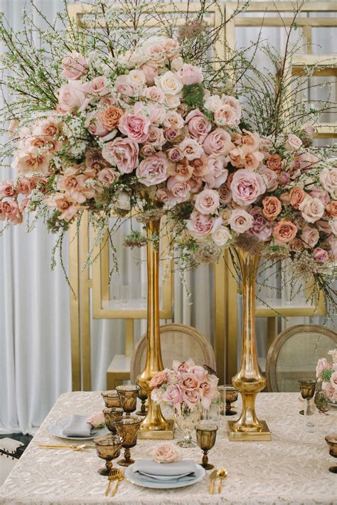 Tall Blush Floral Centerpiece Gold Vase