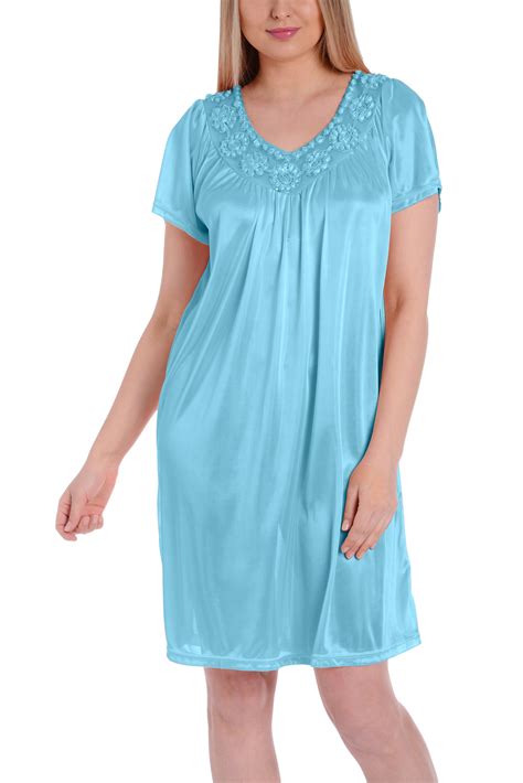 Ezi Ezi Womens Plus Satin Silk Short Sleeve Sequins Nightgown