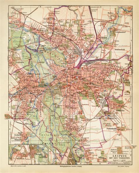 Leipzig Stadtplan Lithographie 1896 Original der Zeit - Archiv histor