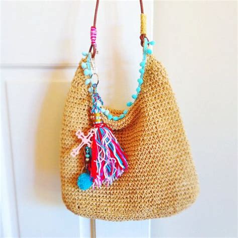 Upcycled Hobo Style Slouchy Beach Bag With Pom Poms And Tassel Hobo