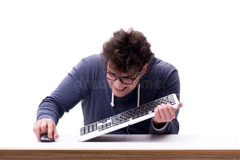 Funny Nerd Man Working On Computer Isolated On White Stock Image