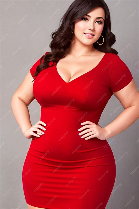 premium ai image beauty curve plus size woman in a red mini dress on a gray backgrounddigital