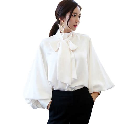 spring women blouse korean office lady white chiffon long lantern sleeve bow shirt casual loose