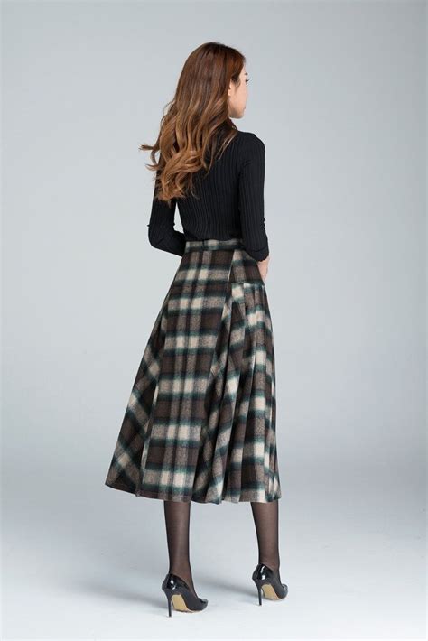 Tartan A Line Midi Skirt Vintage Plaid Skirt Wool Skirt Winter Skirt