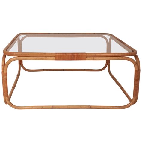 Square Coffee Table Designed By Miguel Milá In Bamboo And Glass 1970s