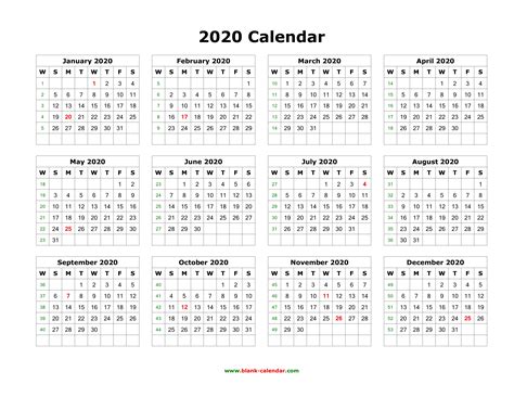 Download Blank Calendar 2020 12 Months On One Page Horizontal
