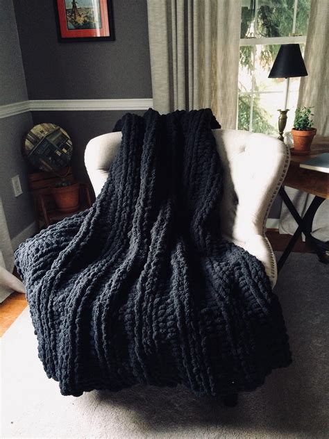 Black Blanket Chunky Knit Throw Vegan Chenille Knit Etsy