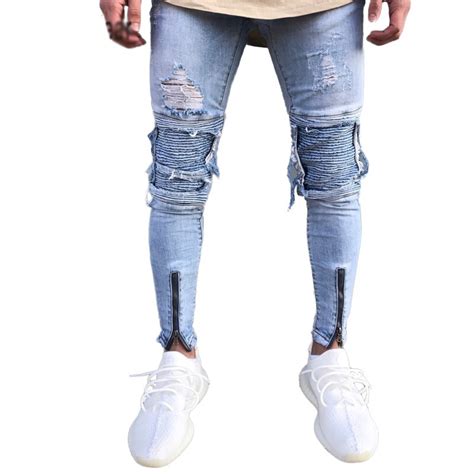 Designer Slim Fit Ripped Skinny Jeans Men Hi Street Mens Distressed Denim Joggers Knee Holes
