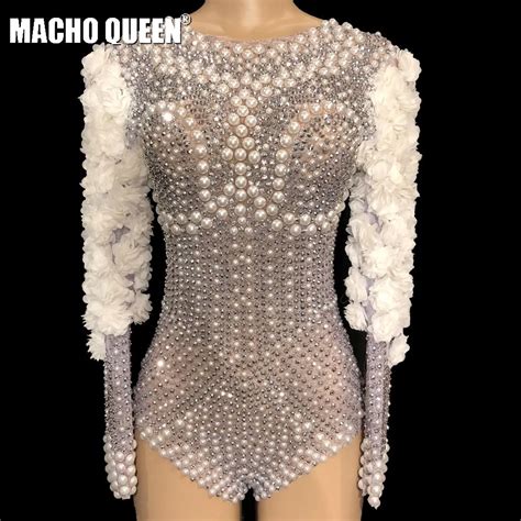 Drag Queen Costumes Full Body Pearl Rhinestone Bodysuit Crystal