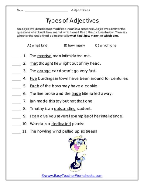Types Of Adjectives Worksheet Zone