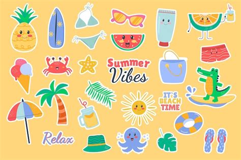Premium Vector Summer Cartoon Kawaii Stickers Accessory Elements Set