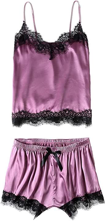 Satin Sleepwear Lace Trim Pajama Set Cute Cami And Shorts Set