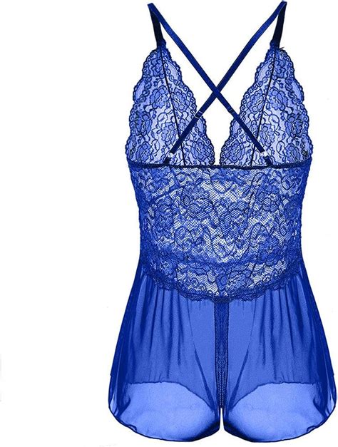 Women Sexy V Neck Lace Open Crotch Romper Sleepwear With G String Nightwear Set Sapphire Blue