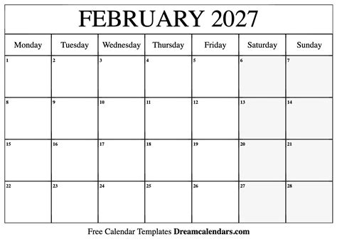 February 2027 Calendar Free Blank Printable With Holidays