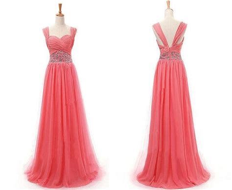 2016 Elegant Floor Length Coral Tulle V Neck Prom Dress Party Dresseslong Evening Dresses