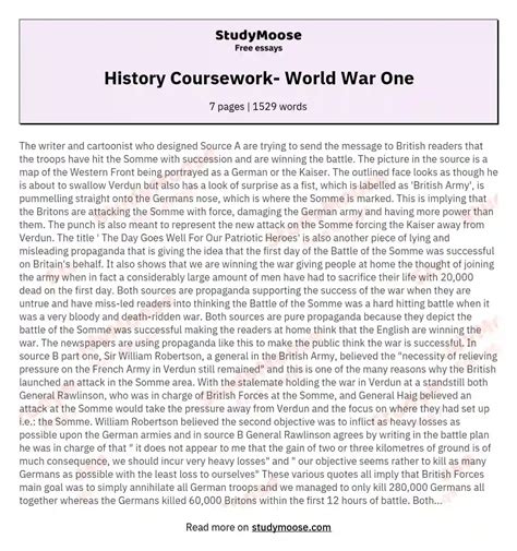 History Coursework World War One Free Essay Example