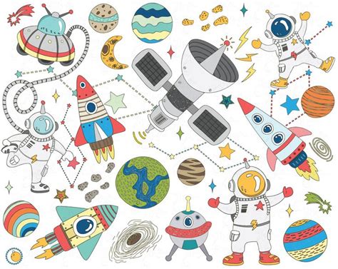 Many doodle illustrations about space and universe including spaceships, planets, rockets and aliens. This item is unavailable | Etsy | Space illustration ...