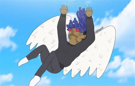 An Angel With Blue Hair Is Flying Through The Air And Holding His Hands