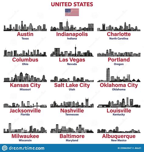 United States Cities Skylines Silhouettes Vector Illustrations Set