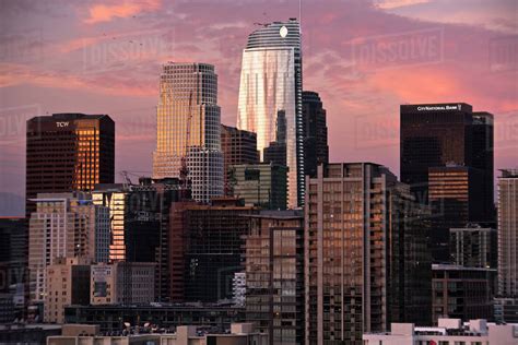 Los Angeles Skyline At Sunset California Usa Stock