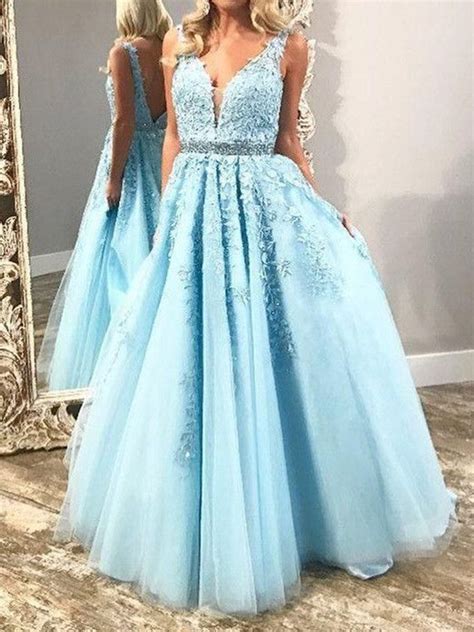 A Line V Neck Open Back Sky Blue Tulle Long Prom Dresses With Appliques