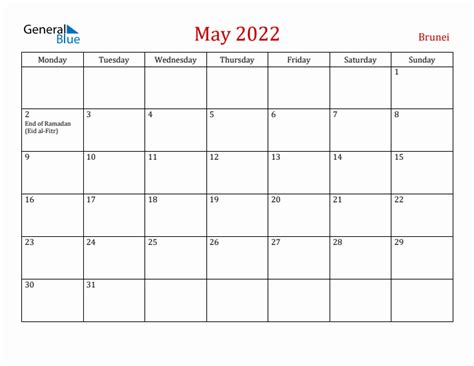 May 2022 Brunei Monthly Calendar With Holidays