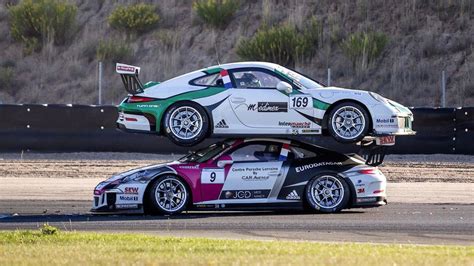Porsche 911 Gt3 Racecar Ends On Top Of Another 911 Gt3 At Carrera Cup