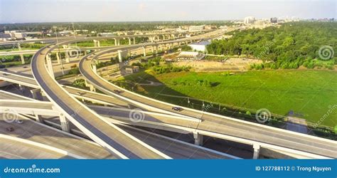 Panoramic Top View Five Level Stack Expressway Viaduct In Houston