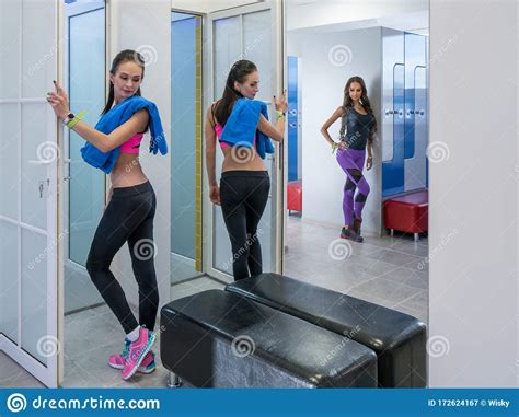 Girls Posing In Locker Room Of Fitness Center Stock Image Image Of