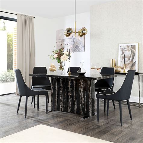 Made from wood, marble, glass or fabric. Magnus Black Marble Dining Table with 6 Modena Black ...