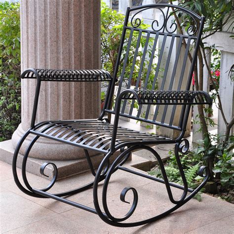 Rocking chair is constructed of durable iron Patio furniture features
