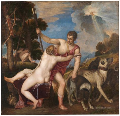 Venus And Adonis Nude Tiziano Titian Painting In Oil For Sale