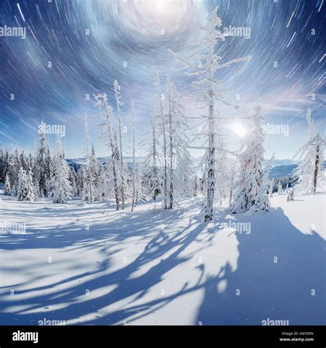 Starry Sky In Winter Snowy Night Fantastic Milky Way In The New Years