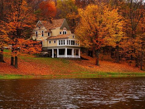 Autumn Colors Stream Colorful Autumn House Riverbank Shore