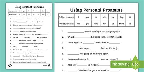 personal pronouns worksheet teacher