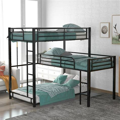 Twin Size Metal Triple Bunk Bed For 3 Kids Teens Adults L Shaped