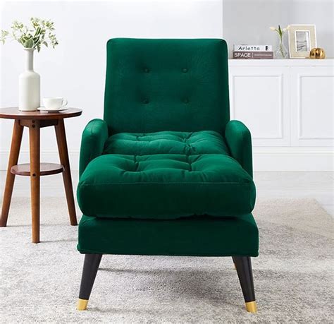 Mid Century Green Velvet Upholstered Lounge Chair With Ottoman Botton