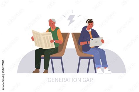 Plakat Elderly Man Reading Newspaper Teenage Boy Using Tablet Two