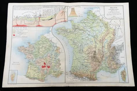 ANTICA MAPPA DELLA Francia Geografia Fisica Geologia Terreno Geologico