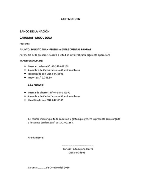 Carta Orden Banco De La Nacion Pdf