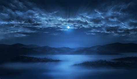 Anime Landscape Night Moon Clouds Sky Lake Artwork Anime 1080p