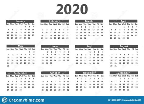 Calendar 2020 Template Week Starts On Sunday Simple Style Stock